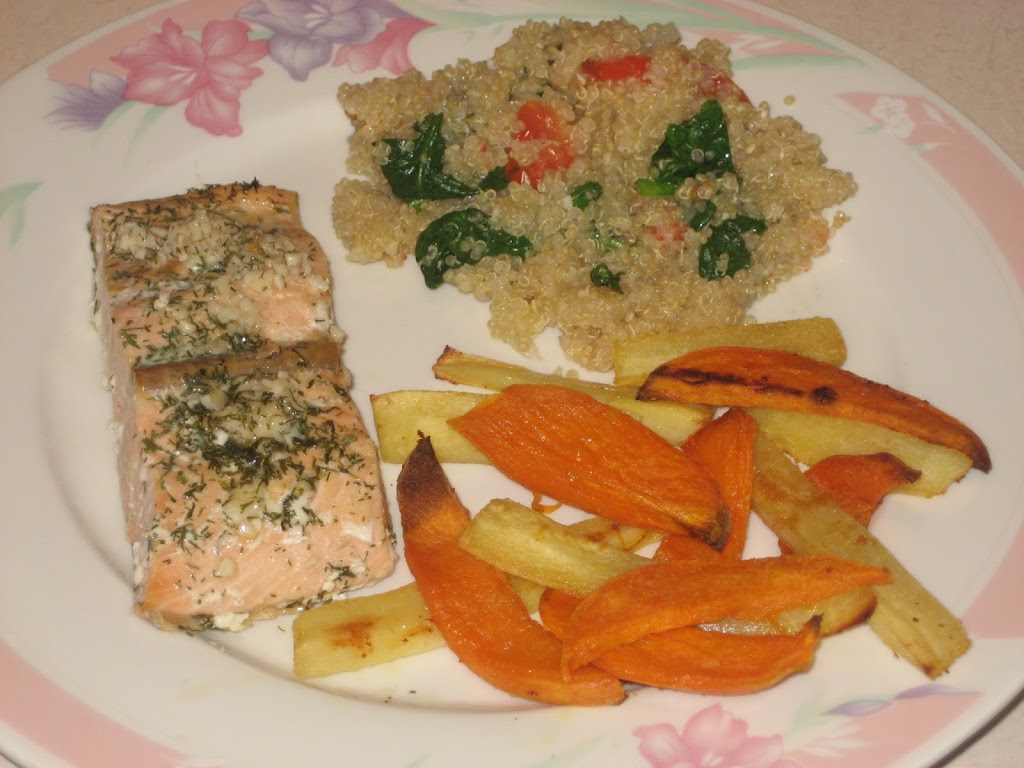 Baked Salmon, Quinoa and Sweet Potato/Parsnip Fries